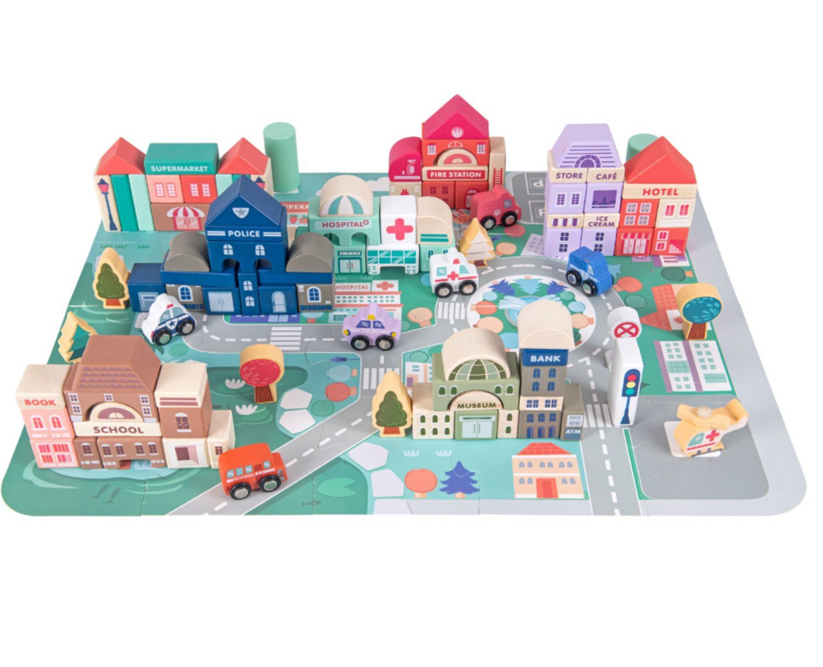 Wooden City Building Blocks Set with Road Play Mat, Toy Cars & ABC 123 Blocks for Kids