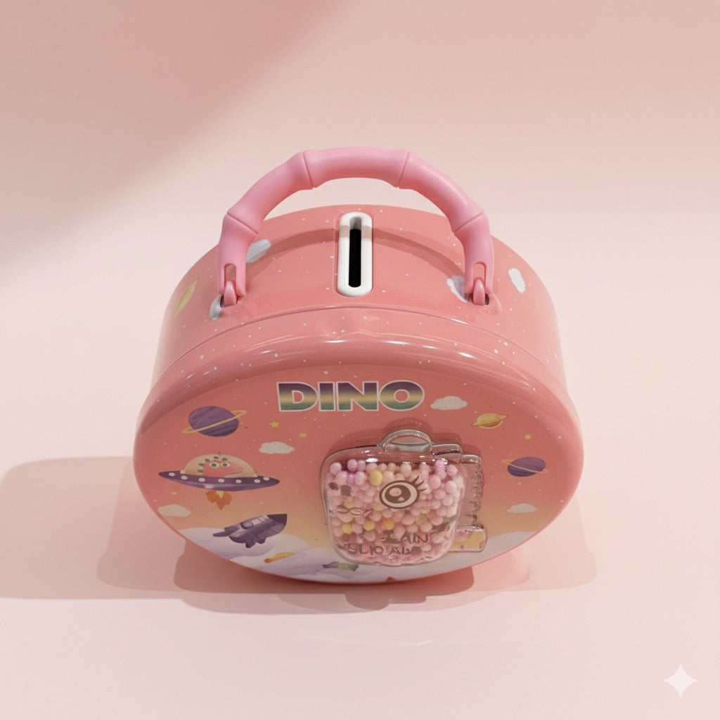 Pink Dino Space Theme Money Box for Kids | Cute Dinosaur Coin Bank with Floating Beads | Cartoon Piggy Bank with Handle | Fun Savings Bank for Boys & Girls