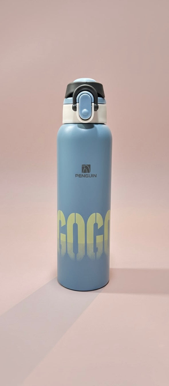 Penguin GOGO water bottle | Sporty Matte Blue Flask with Flip Lock Lid | Leak-Proof & Insulated for Active Days