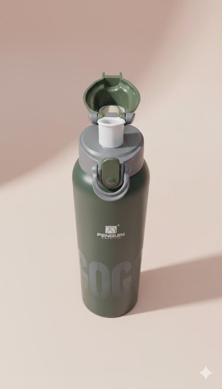 Penguin GOGO water bottle | Sporty Matte Blue Flask with Flip Lock Lid | Leak-Proof & Insulated for Active Days
