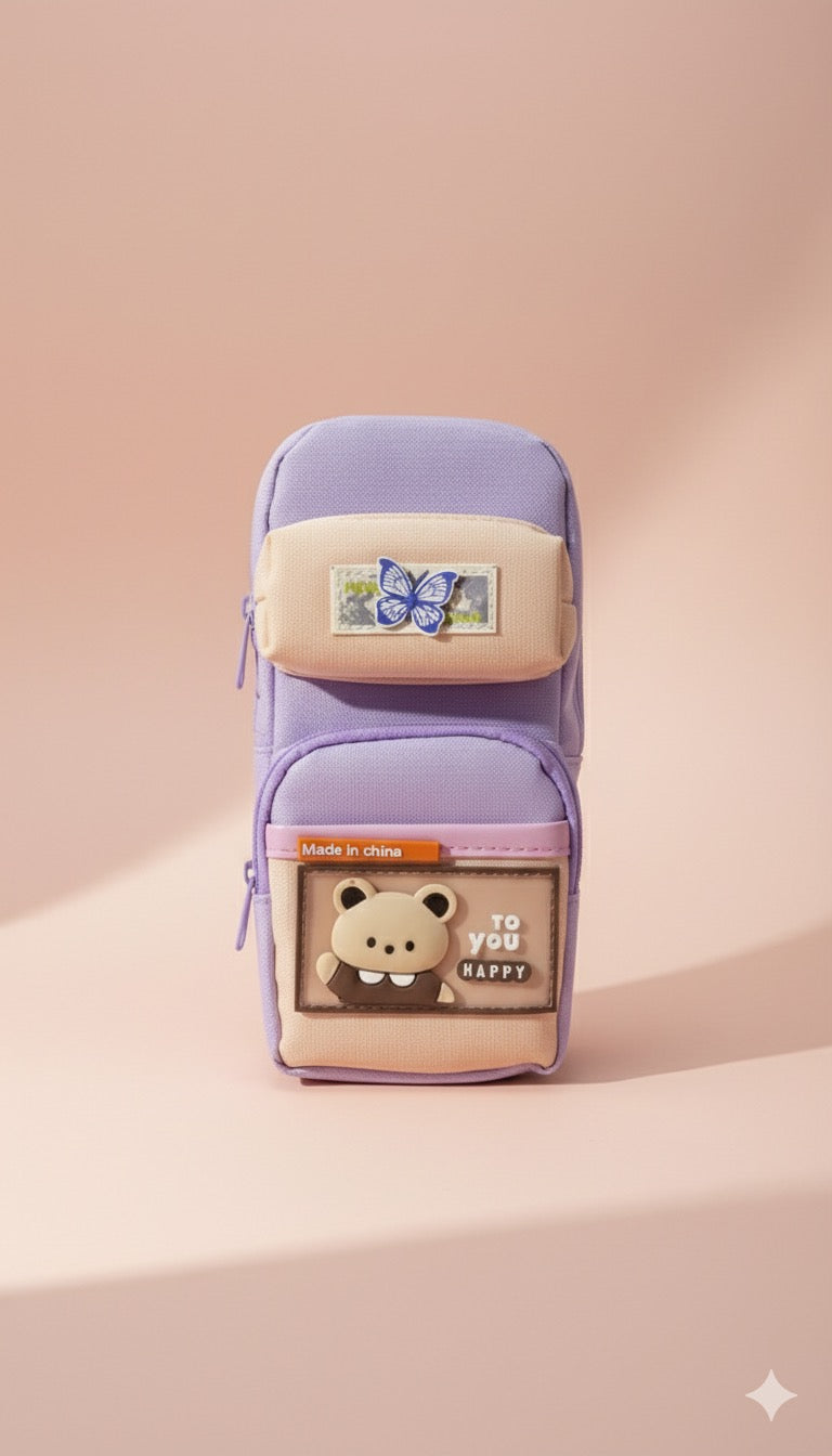 Sweet Harmony Multi-Pocket Pencil Case | Cute Bear & Butterfly Edition