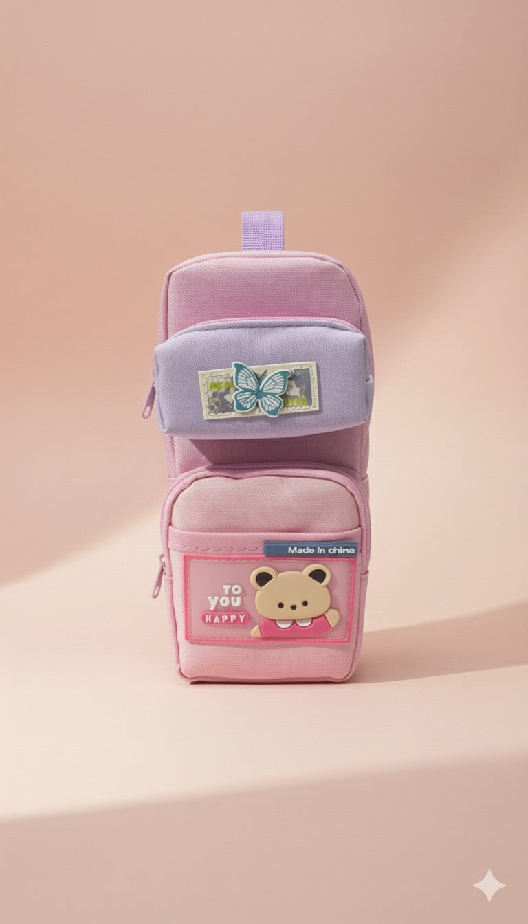 Sweet Harmony Multi-Pocket Pencil Case | Cute Bear & Butterfly Edition