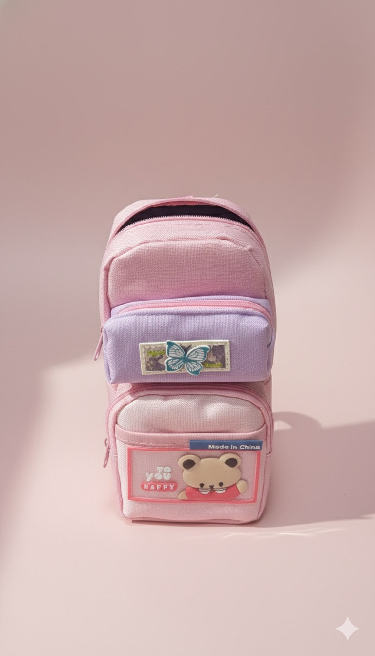 Sweet Harmony Multi-Pocket Pencil Case | Cute Bear & Butterfly Edition