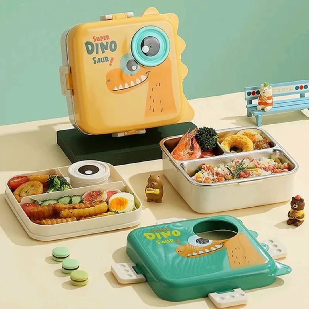 Super Dino Kids Bento Lunch Box | Cute Cartoon Dinosaur Lunchbox with Leak-Proof Compartments, Snap-Lock Lid & Portable Handle