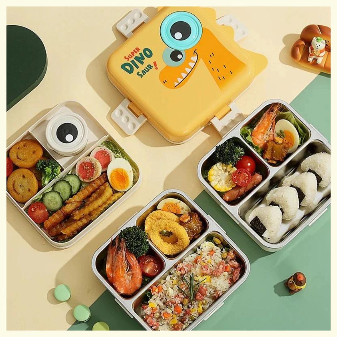 Super Dino Kids Bento Lunch Box | Cute Cartoon Dinosaur Lunchbox with Leak-Proof Compartments, Snap-Lock Lid & Portable Handle