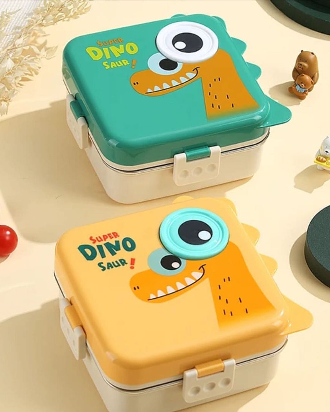 Super Dino Kids Bento Lunch Box | Cute Cartoon Dinosaur Lunchbox with Leak-Proof Compartments, Snap-Lock Lid & Portable Handle