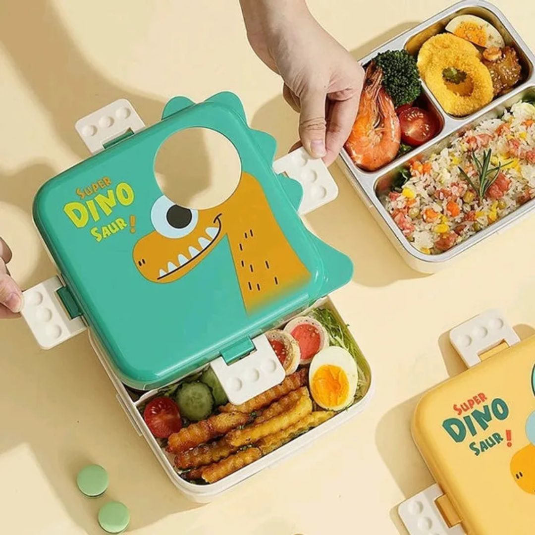 Super Dino Kids Bento Lunch Box | Cute Cartoon Dinosaur Lunchbox with Leak-Proof Compartments, Snap-Lock Lid & Portable Handle