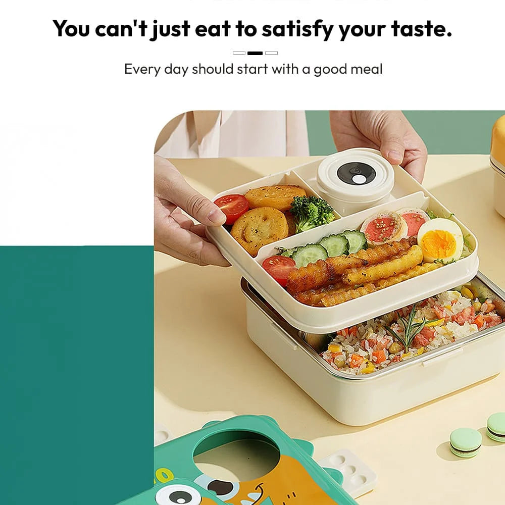 Super Dino Kids Bento Lunch Box | Cute Cartoon Dinosaur Lunchbox with Leak-Proof Compartments, Snap-Lock Lid & Portable Handle