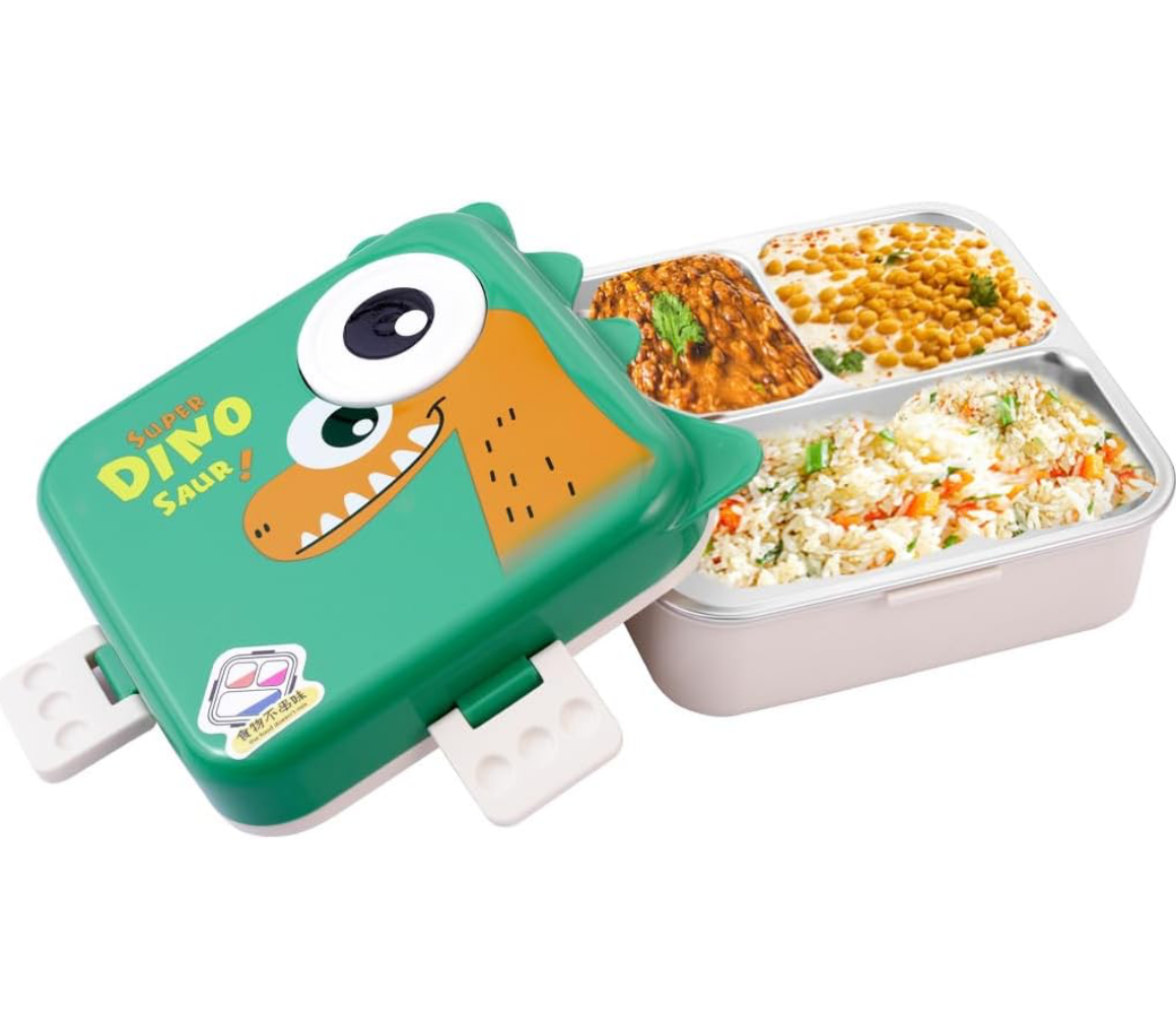 Super Dino Kids Bento Lunch Box | Cute Cartoon Dinosaur Lunchbox with Leak-Proof Compartments, Snap-Lock Lid & Portable Handle