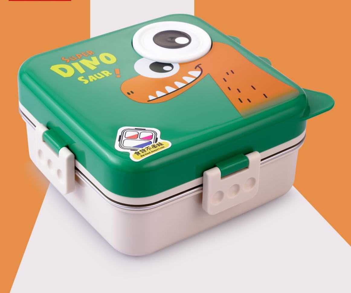 Super Dino Kids Bento Lunch Box | Cute Cartoon Dinosaur Lunchbox with Leak-Proof Compartments, Snap-Lock Lid & Portable Handle