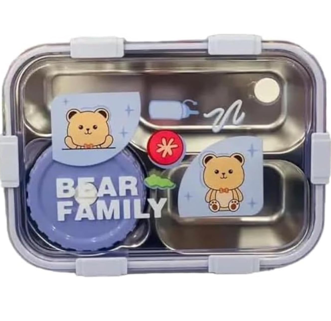 Bear Family 3-Compartment Stainless Steel Lunch Box | Leak-Proof Bento Box with Airtight Sauce Cup