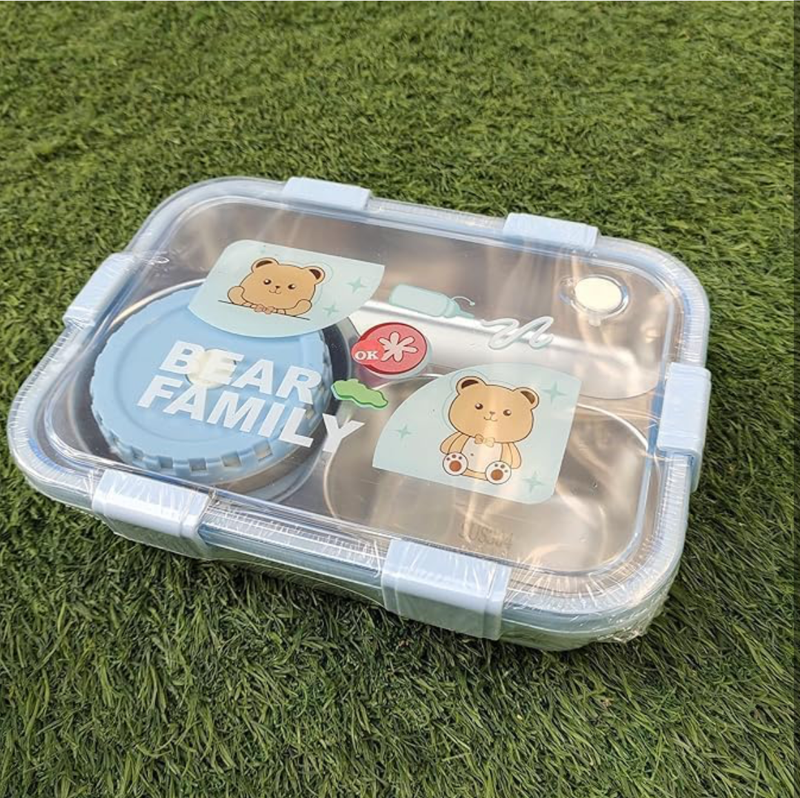 Bear Family 3-Compartment Stainless Steel Lunch Box | Leak-Proof Bento Box with Airtight Sauce Cup