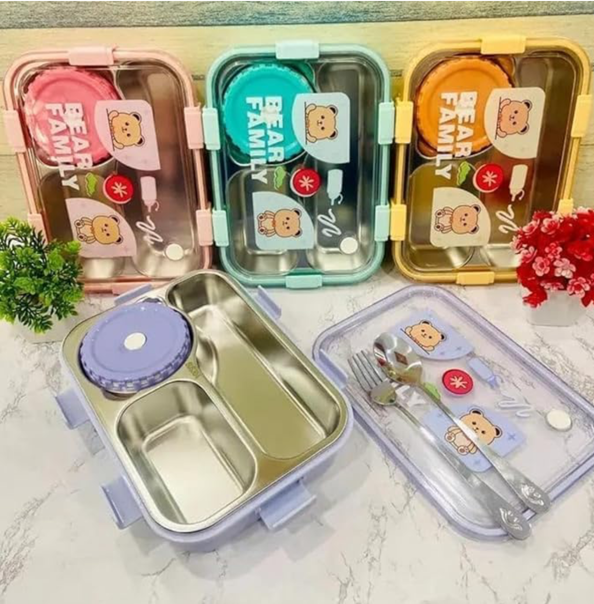Bear Family 3-Compartment Stainless Steel Lunch Box | Leak-Proof Bento Box with Airtight Sauce Cup