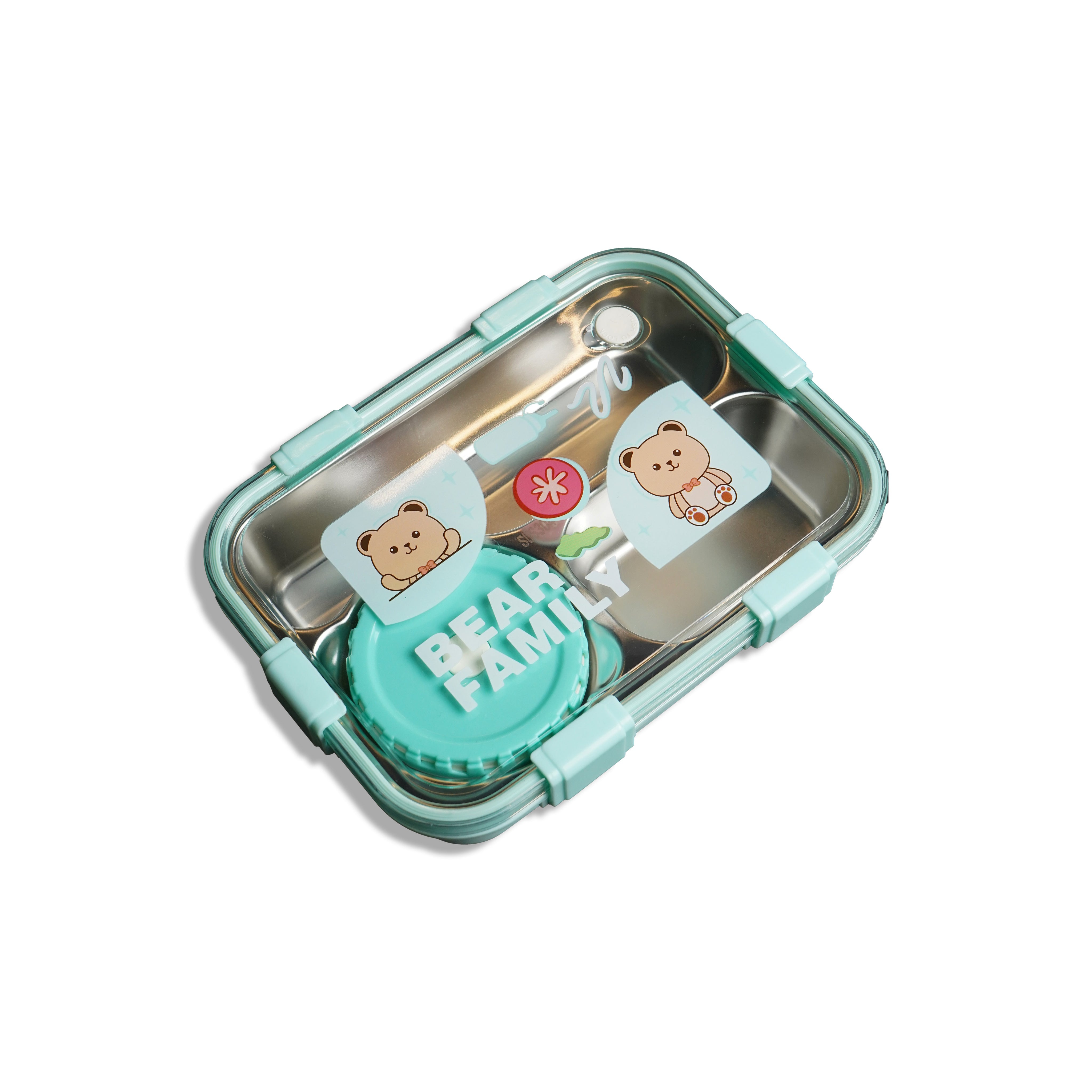 Bear Family 3-Compartment Stainless Steel Lunch Box | Leak-Proof Bento Box with Airtight Sauce Cup
