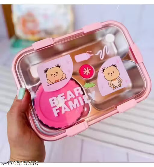 Bear Family 3-Compartment Stainless Steel Lunch Box | Leak-Proof Bento Box with Airtight Sauce Cup