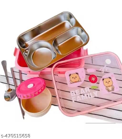Bear Family 3-Compartment Stainless Steel Lunch Box | Leak-Proof Bento Box with Airtight Sauce Cup