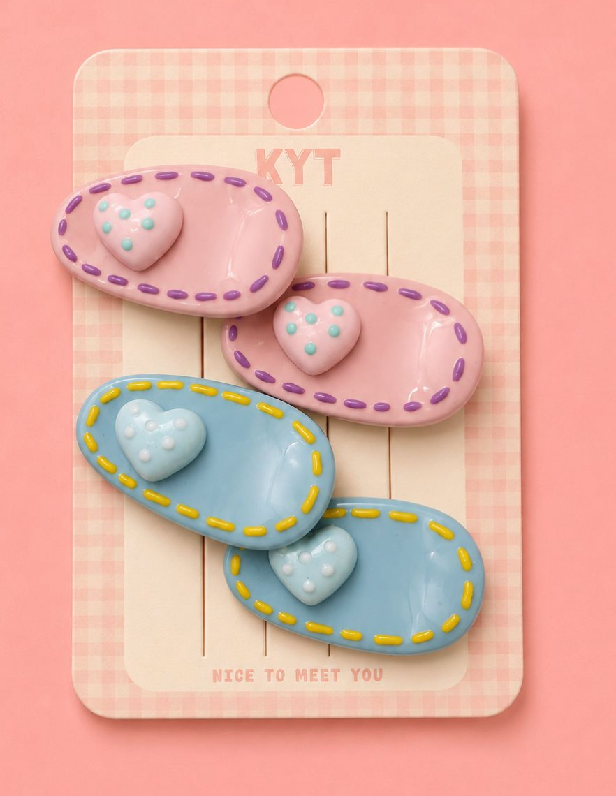 Heart Charm Snap Hair Clips for Girls – Cute Polka Dot 3D Heart with Stitch Border Detail | Set of 4 | No-Slip Alligator Clip | Kids Hair Accessories for Toddlers & Girls Age 3+ | Birthday Gift