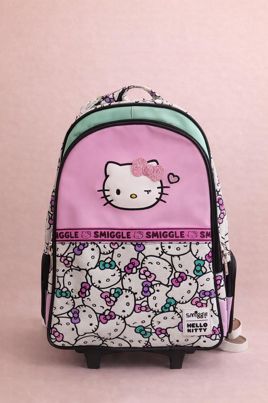 Smiggle Hello Kitty Trolley Backpack – Rolling School Bag with Glitter Bow Patch, All-Over Print, Kids Girls Ages 5+, Pink/Mint/White