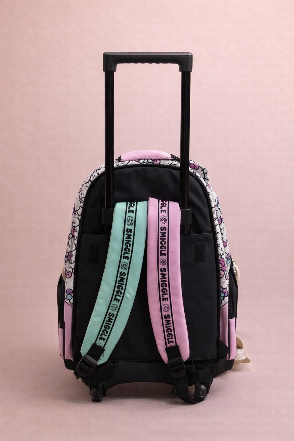 Smiggle Hello Kitty Trolley Backpack – Rolling School Bag with Glitter Bow Patch, All-Over Print, Kids Girls Ages 5+, Pink/Mint/White