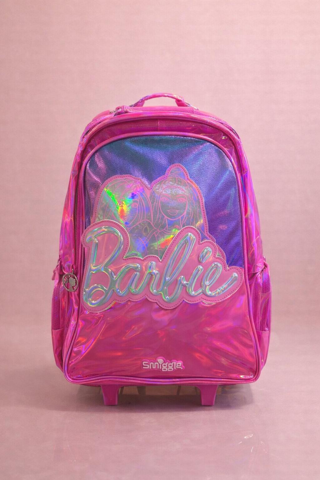 Smiggle Barbie Holographic Trolley Backpack – Rolling School Bag with Iridescent Finish & 3D Logo Patch, Kids Girls Ages 5+, Hot Pink