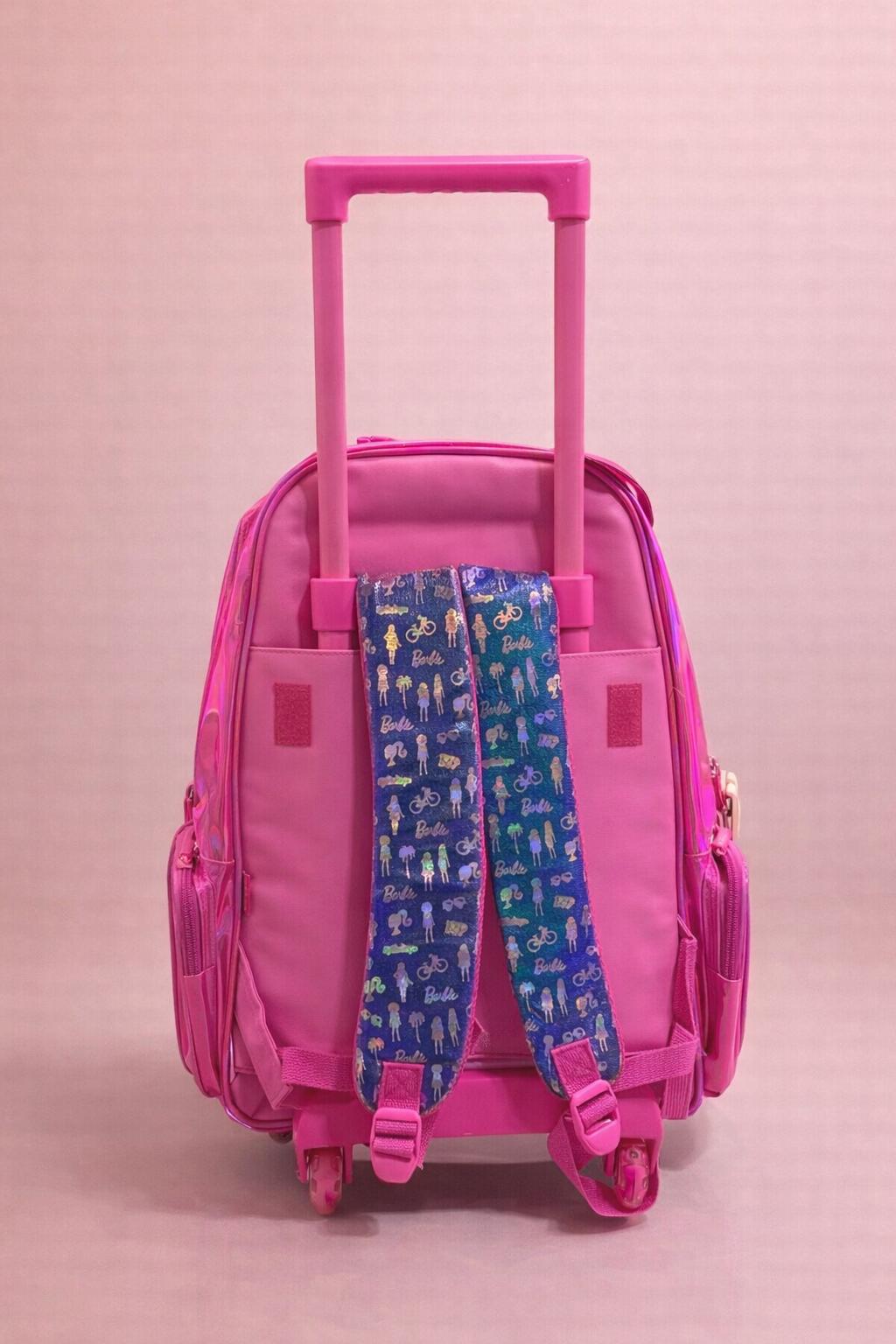 Smiggle Barbie Holographic Trolley Backpack – Rolling School Bag with Iridescent Finish & 3D Logo Patch, Kids Girls Ages 5+, Hot Pink