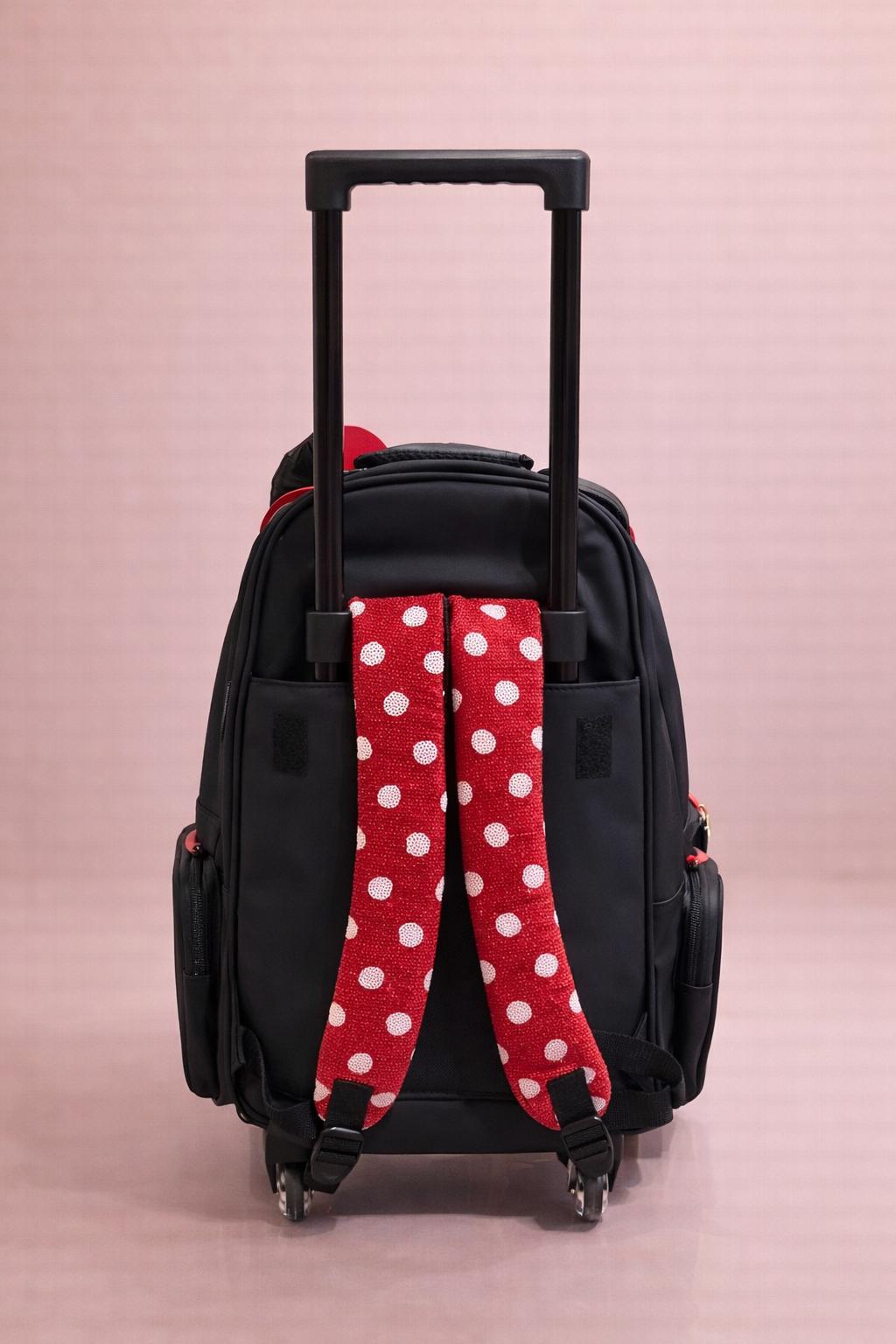 Smiggle Minnie Mouse Trolley Backpack – 3D Ears & Sequin Polka Dot Bow, Patent Finish Rolling School Bag, Kids Girls Ages 5+, Red/Black