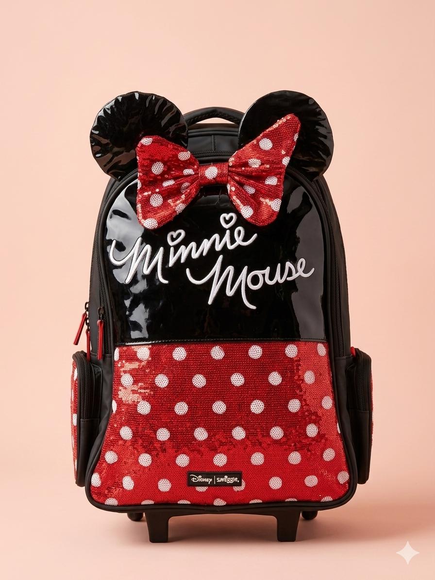 Smiggle Minnie Mouse Trolley Backpack – 3D Ears & Sequin Polka Dot Bow, Patent Finish Rolling School Bag, Kids Girls Ages 5+, Red/Black