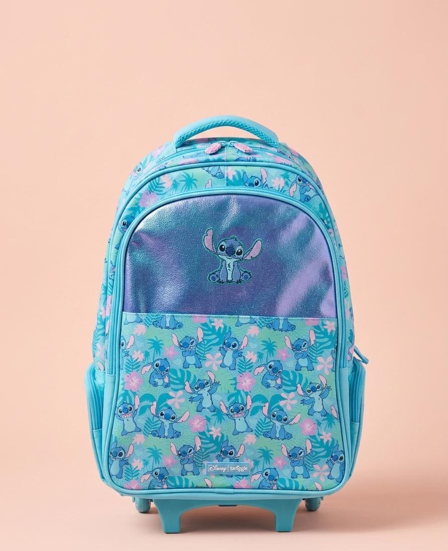 Smiggle Stitch Official Trolley Backpack – Embroidered Patch, Tropical All-Over Print & Iridescent Panel, Rolling School Bag, Kids Ages 5+, Aqua/Purple