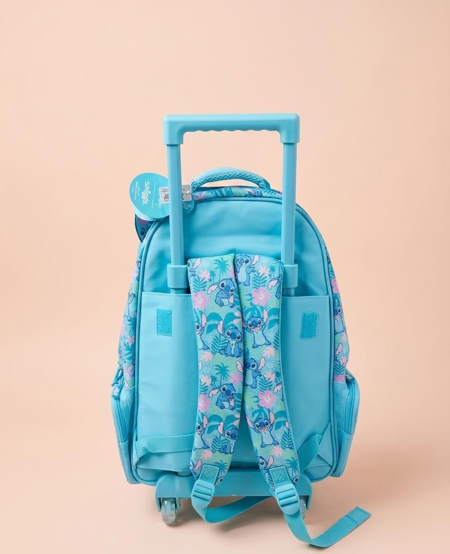 Smiggle Stitch Official Trolley Backpack – Embroidered Patch, Tropical All-Over Print & Iridescent Panel, Rolling School Bag, Kids Ages 5+, Aqua/Purple