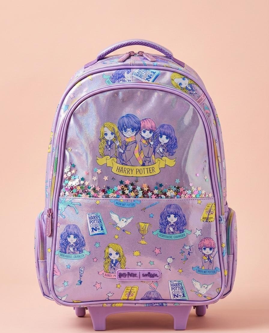 Harry Potter Smiggle Trolley Backpack – Holographic Shimmer, Floating Confetti Window & Chibi Character Print, Rolling School Bag, Kids Ages 5+, Lilac/Purple