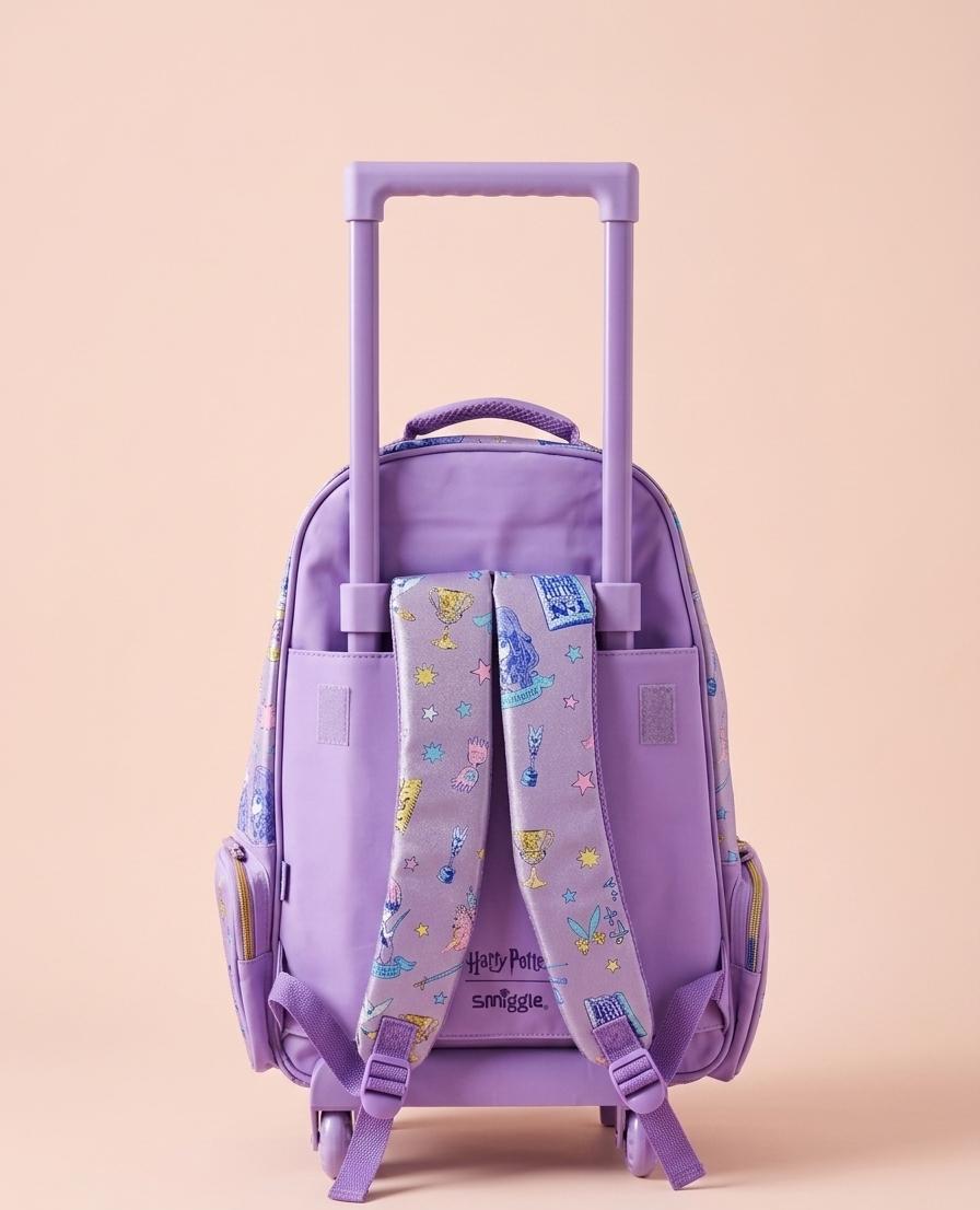 Harry Potter Smiggle Trolley Backpack – Holographic Shimmer, Floating Confetti Window & Chibi Character Print, Rolling School Bag, Kids Ages 5+, Lilac/Purple