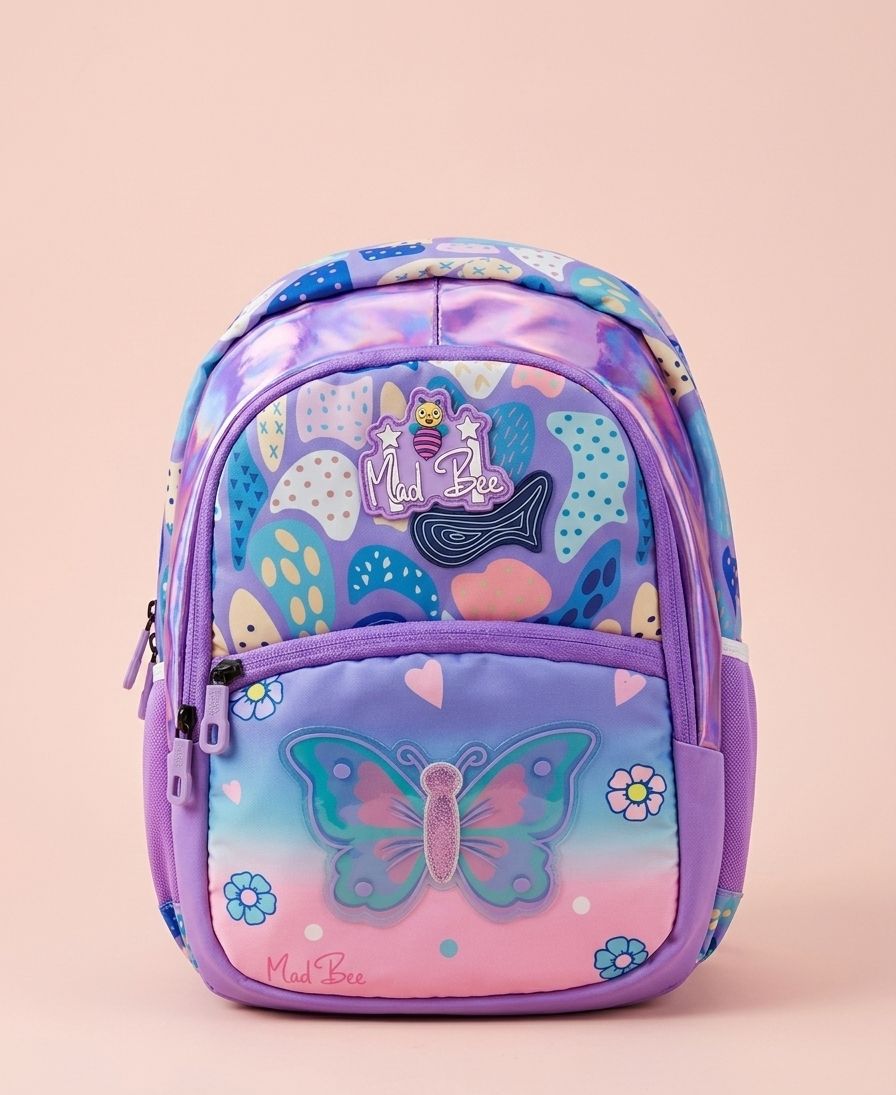 Mad Bee Butterfly Kids School Backpack 16"– 3D Glitter Butterfly Patch, Rubber Logo Badge & Abstract All-Over Print, Dual Compartment Bag for Girls Ages 3+, Purple/Pink/Blue