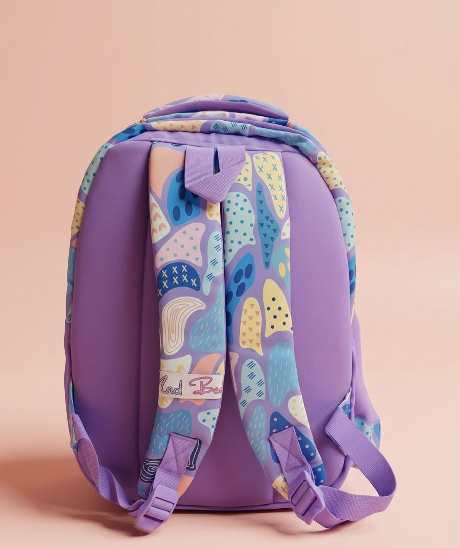 Mad Bee Butterfly Kids School Backpack 16"– 3D Glitter Butterfly Patch, Rubber Logo Badge & Abstract All-Over Print, Dual Compartment Bag for Girls Ages 3+, Purple/Pink/Blue