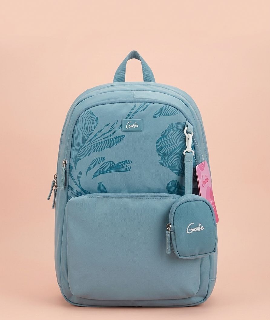 Genie Floral Emboss School Backpack with Detachable Mini Pouch – Multi-Compartment Everyday Bag for Girls & Teens, Lightweight & Spacious, Steel Blue