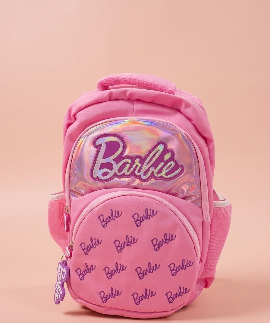 Barbie Kids School Backpack 16" – Holographic Logo Patch, All-Over Script Print & Rubber Zipper Pull, Multi-Compartment Everyday Bag for Girls Ages 5+, Hot Pink