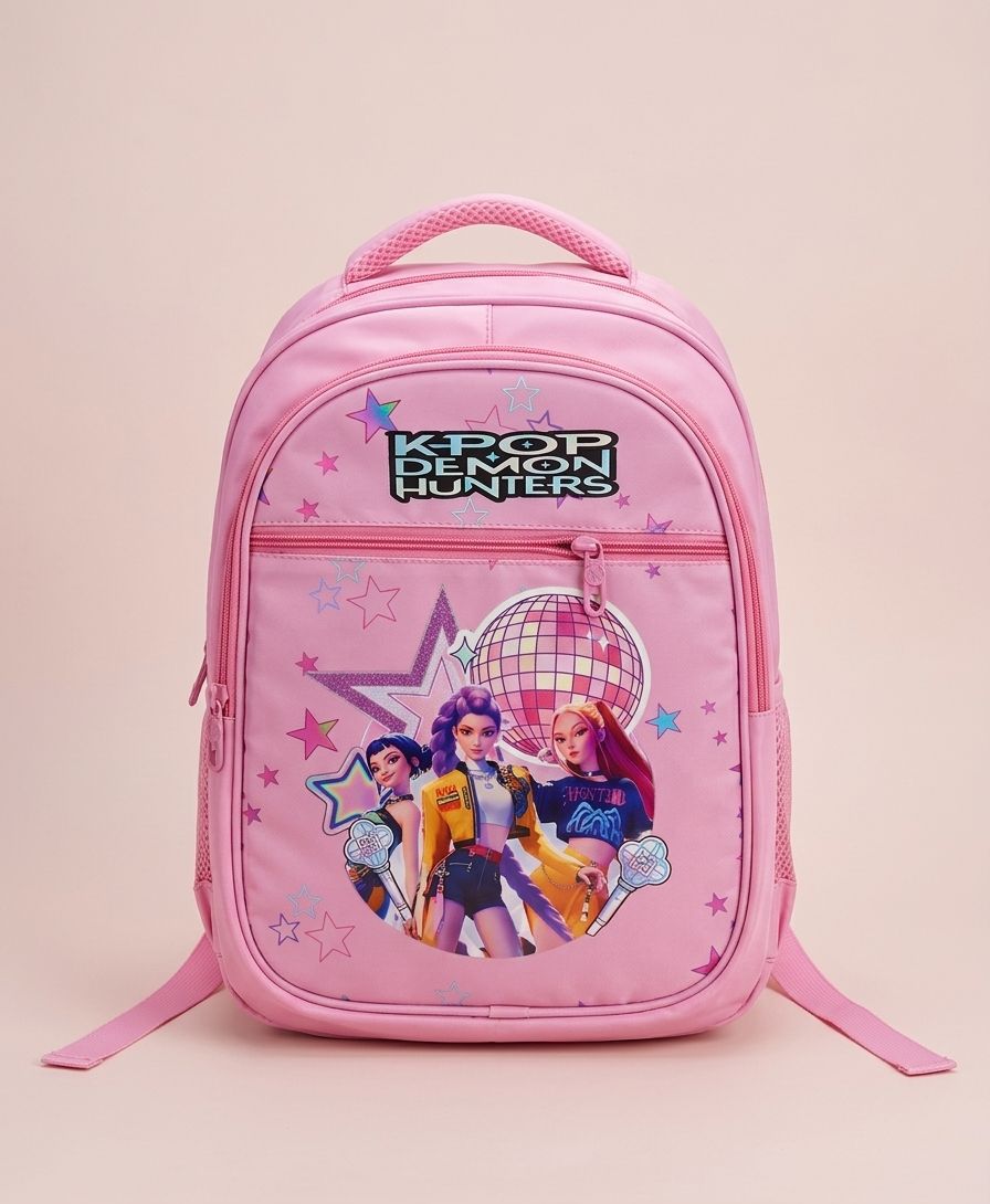 K-Pop Demon Hunters Girls School Backpack – Holographic Star Print, Disco Ball & Idol Character Artwork, Multi-Compartment Everyday Bag for Girls Ages 5+, Baby Pink