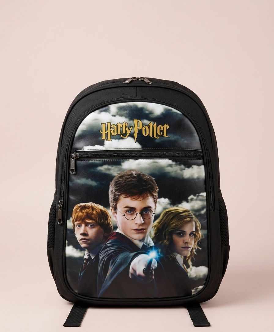 Harry Potter Premium School Backpack – Cinematic Full Photo Print with Harry, Ron & Hermione, Multi-Compartment Bag for Boys & Girls Ages 6+, Stealth Black