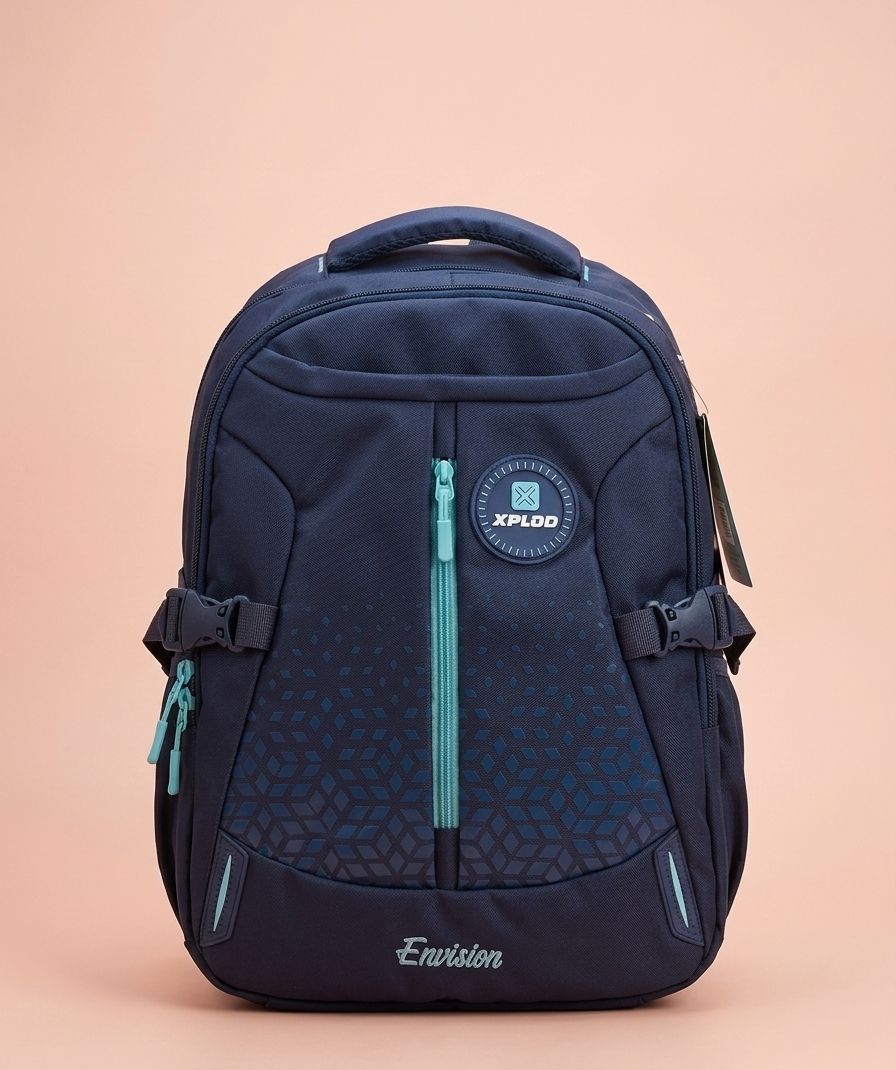 Xplod Envision School & College Backpack 18" – Large Capacity Laptop Compartment, Teal Contrast Zippers & Geometric Print, Ergonomic Everyday Bag for Boys & Teens, Navy Blue