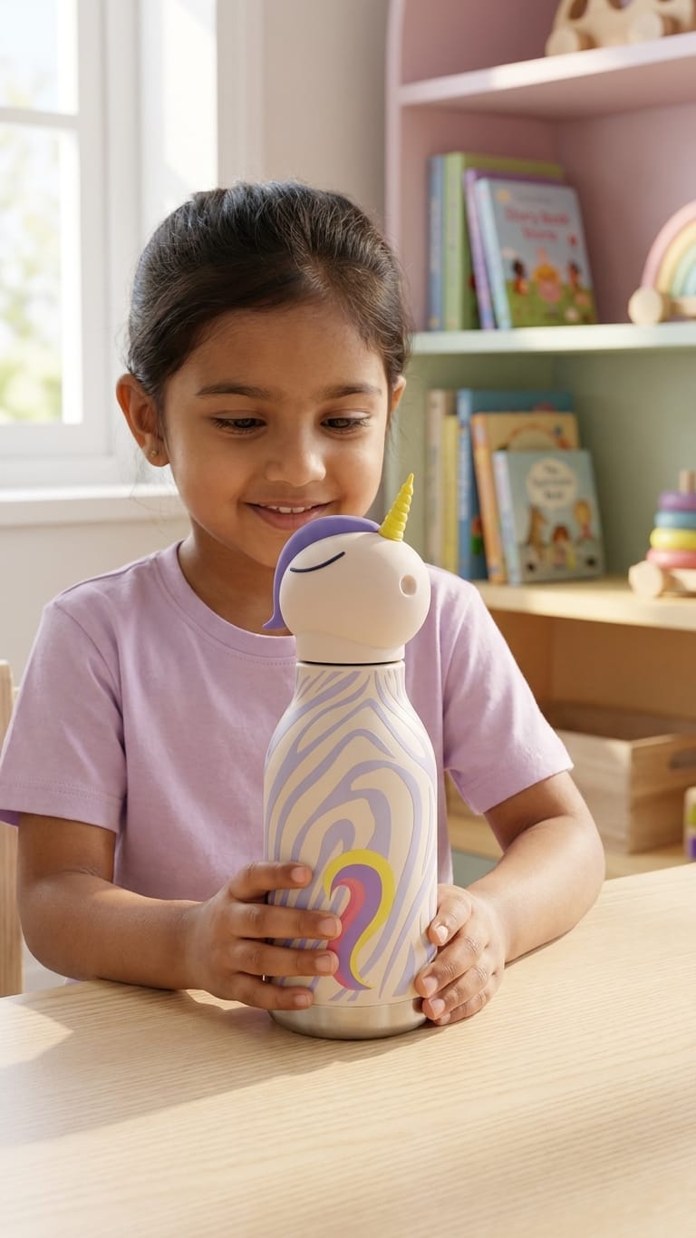 Kids Insulated Steel Water Bottle with Detachable Character Cap | Feather Print | Straw Cap | 500ml | School, Travel & Outdoor Use