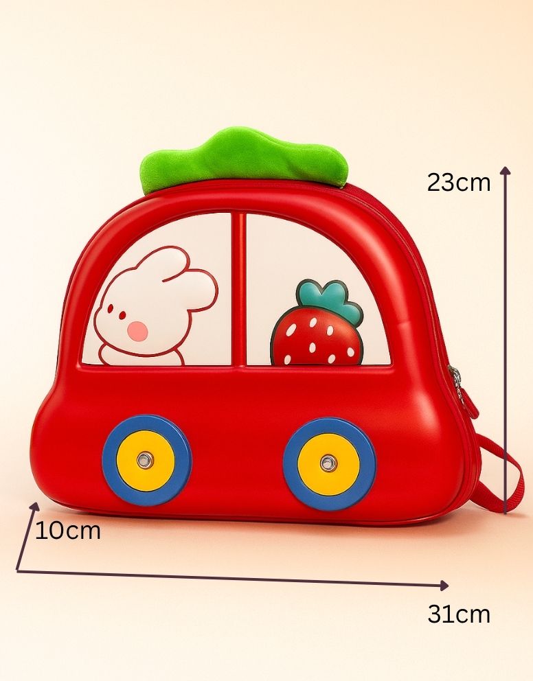 Car Shape Kids Backpack | 3D EVA Cartoon School Bag for Boys & Girls | Cute Blue Waterproof Backpack with Bunny & Strawberry Design | Lightweight Travel & Preschool Bag