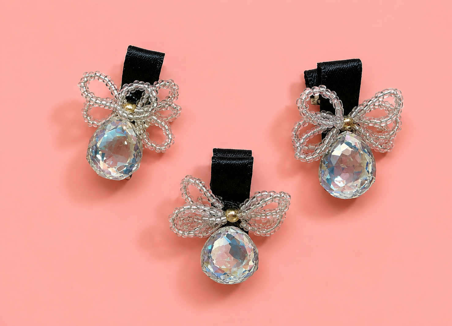 Crystal Drop Beaded Bow Hair Clips – Black Satin Ribbon Base with Handcrafted Seed Bead Bow & Large Faceted AB Crystal Pendant | Set of 3 | Girls & Women | Festive, Bridal & Party Hair Accessory