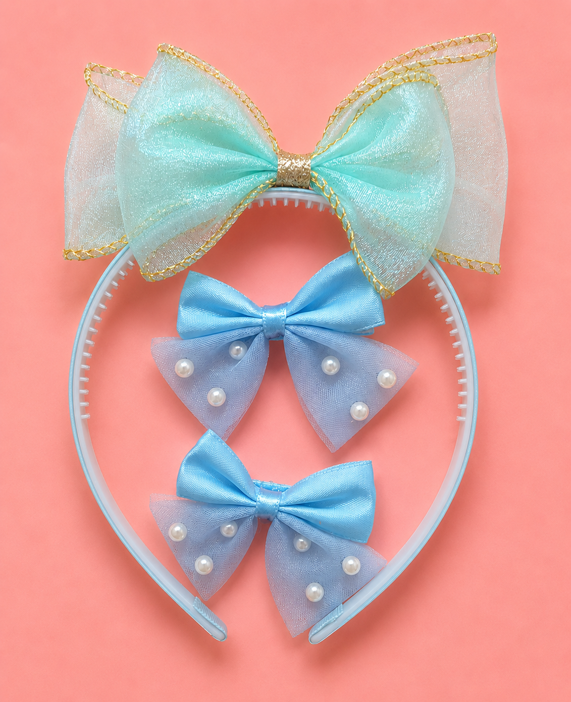 Pearl Bow Headband & Hair Clip Set for Girls – Organza Big Bow Alice Band with Gold Border & 2 Pearl Embellished Bow Clips | 3 Pastel Colours | Kids Hair Accessories Age 3+ | Birthday & Party Gift