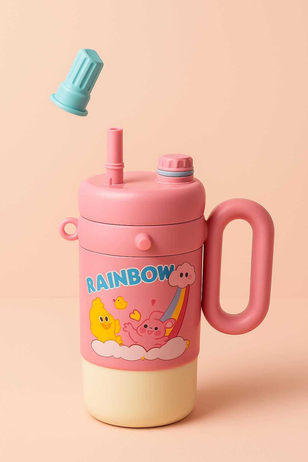 RainbowPop Hug-Handle Kids Water Bottle – Cute Cartoon Sipper with Dual Spout, Leak-Proof Lid & Charm Keychain | BPA-Free Bottle for School & Travel