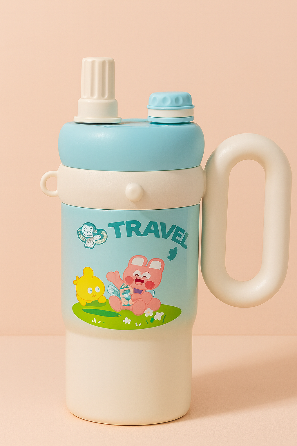 RainbowPop Hug-Handle Kids Water Bottle – Cute Cartoon Sipper with Dual Spout, Leak-Proof Lid & Charm Keychain | BPA-Free Bottle for School & Travel