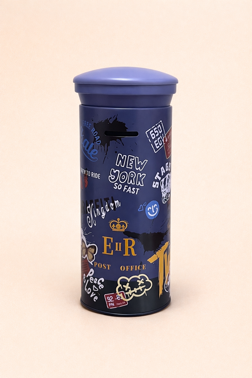 Urban Graffiti Metal Money Bank – Cylindrical Coin Saving Box with Slot Lid | Travel & Street Art Print Piggy Bank | Reusable Coin Storage for Kids, Teens & Adults