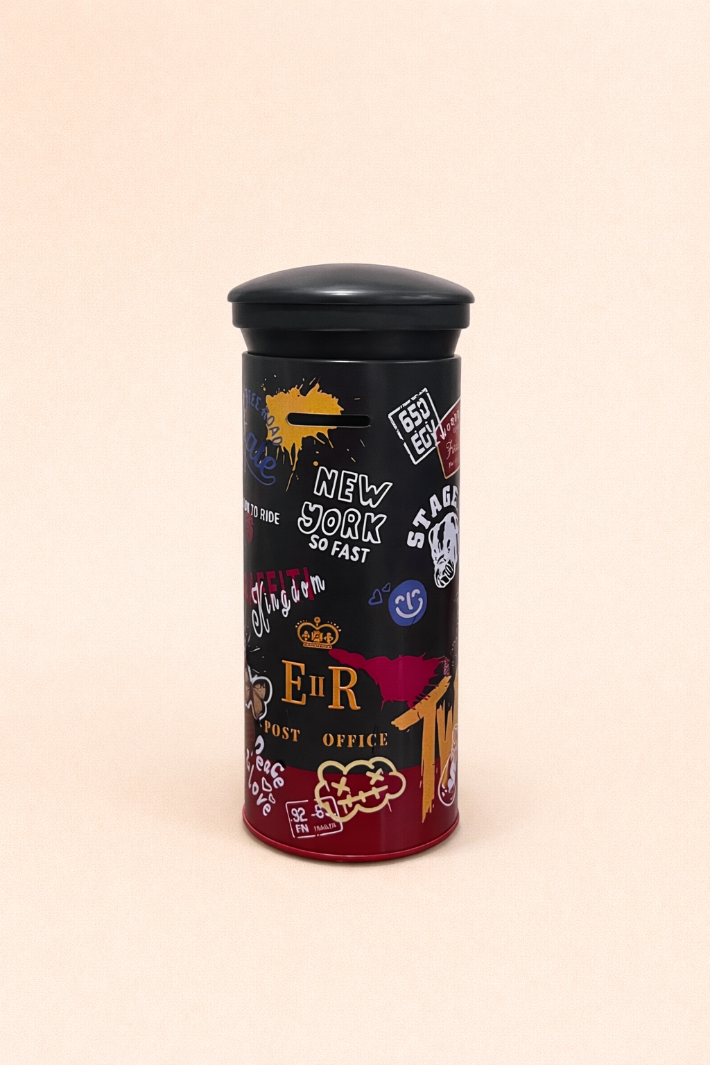 Urban Graffiti Metal Money Bank – Cylindrical Coin Saving Box with Slot Lid | Travel & Street Art Print Piggy Bank | Reusable Coin Storage for Kids, Teens & Adults