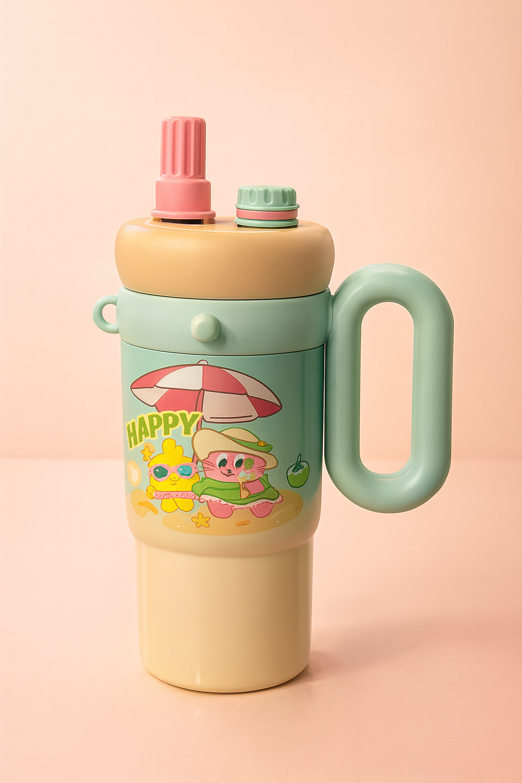 RainbowPop Hug-Handle Kids Water Bottle – Cute Cartoon Sipper with Dual Spout, Leak-Proof Lid & Charm Keychain | BPA-Free Bottle for School & Travel