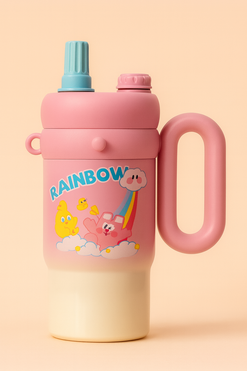 RainbowPop Hug-Handle Kids Water Bottle – Cute Cartoon Sipper with Dual Spout, Leak-Proof Lid & Charm Keychain | BPA-Free Bottle for School & Travel