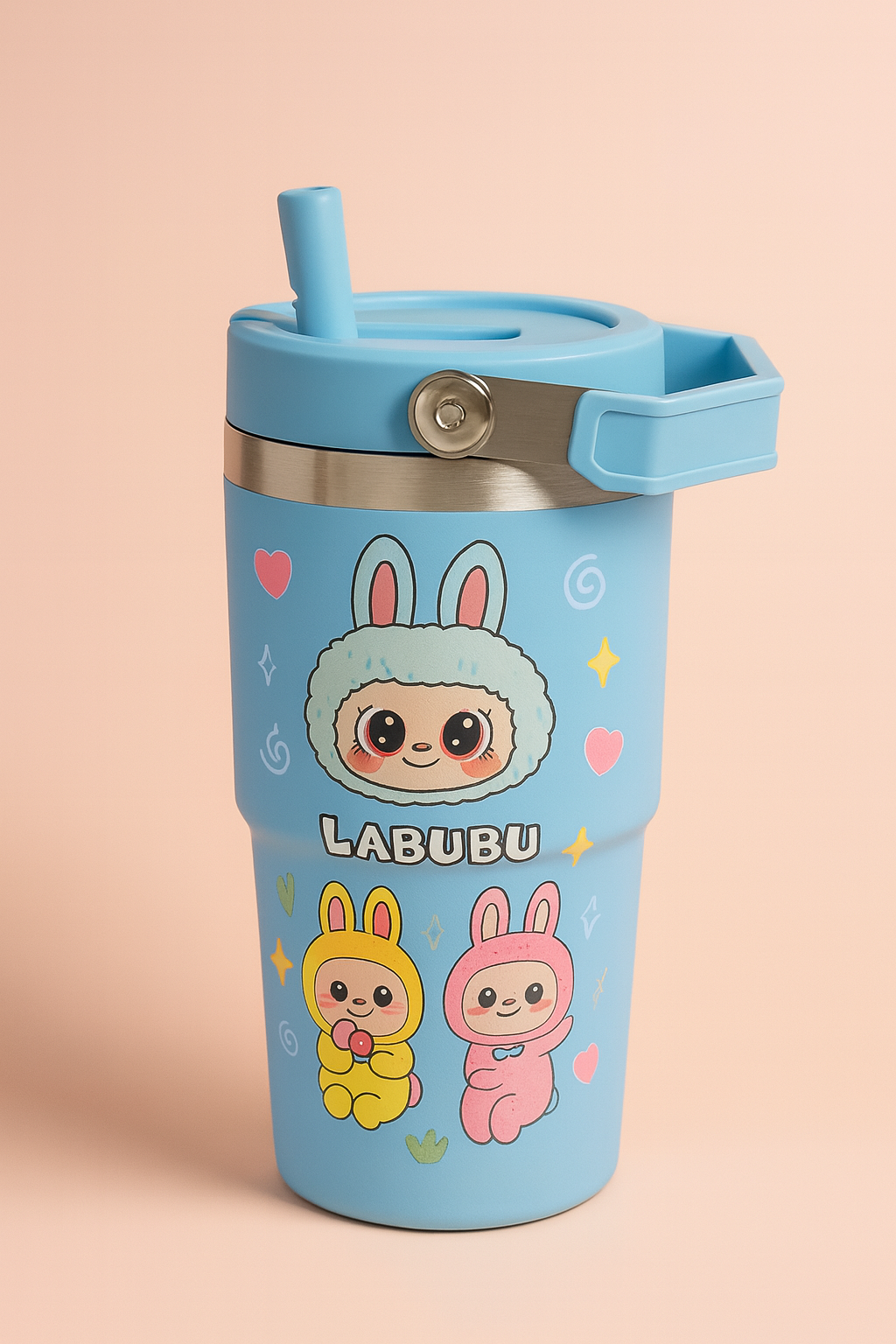 Labubu Bunny Friends Straw Tumbler for Kids – Leak-Resistant Sipper Cup with Flip Lid & Handle | Cute Cartoon Drinking Tumbler for School, Travel & Daily Use