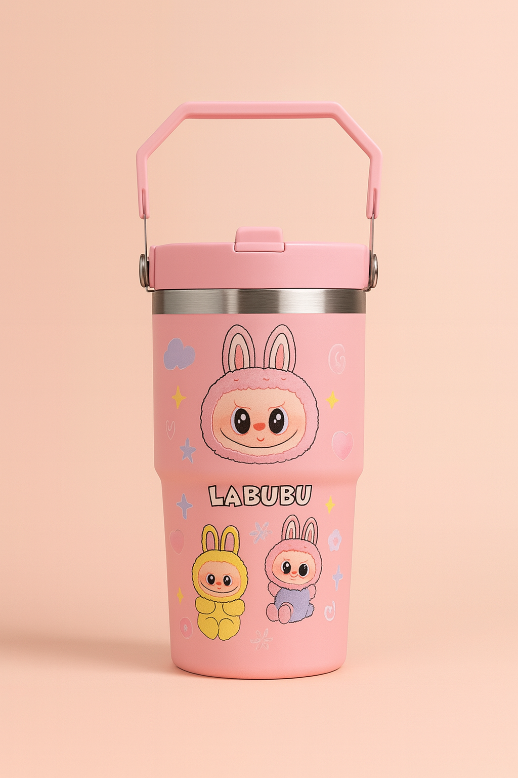 Labubu Bunny Friends Straw Tumbler for Kids – Leak-Resistant Sipper Cup with Flip Lid & Handle | Cute Cartoon Drinking Tumbler for School, Travel & Daily Use